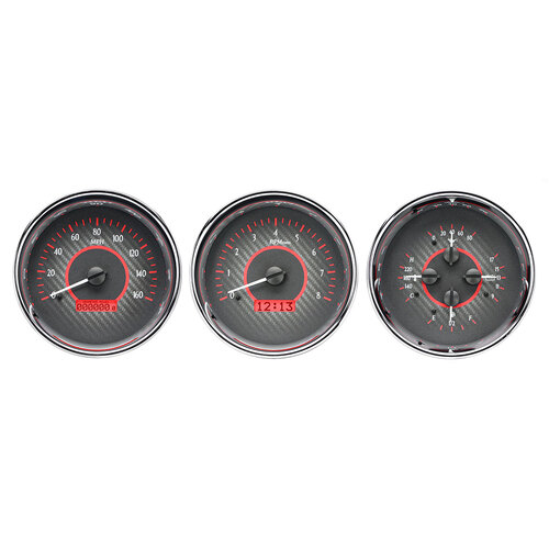 Dakota Digital Gauge, MDX System, Triple Round Universal, Carbon Fiber Style Face, Red Display, Custom