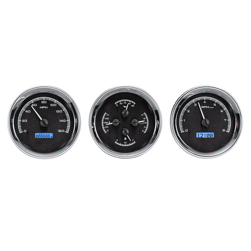 Dakota Digital Gauge, MDX System, Triple Round Universal, Black Alloy Style Face, Blue Display, Custom