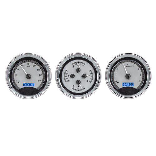 Dakota Digital Gauge, MDX System, Triple Round Universal, Silver Alloy Style Face, Blue Display, Custom