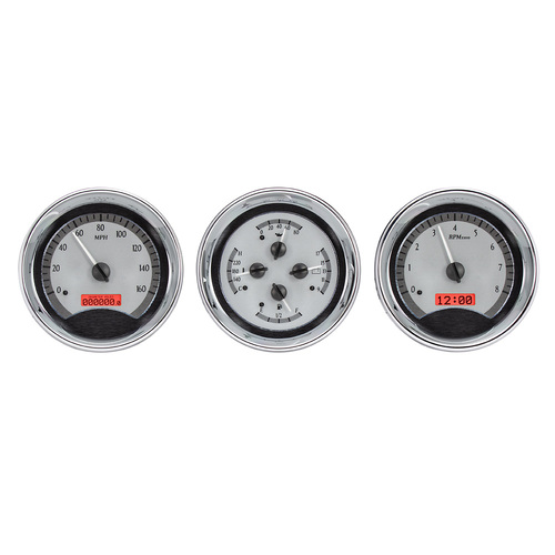 Dakota Digital Gauge, MDX System, Triple Round Universal, Silver Alloy Style Face, Red Display, Custom