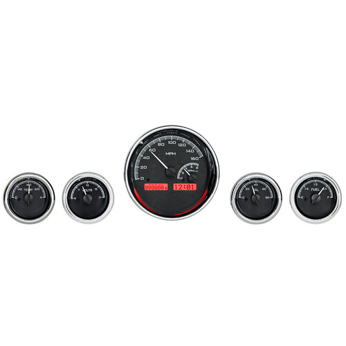 Dakota Digital Gauge, MDX System, 5-Piece Round Universal, Black Alloy Style Face, Red Display, Custom