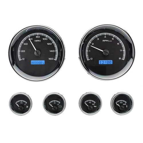 Dakota Digital Gauge, MDX System, 6-Piece Round Universal, Black Alloy Style Face, Blue Display, Custom