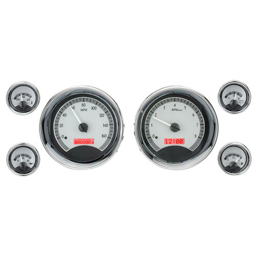 Dakota Digital Gauge, MDX System, 6-Piece Round Universal, Silver Alloy Style Face, Red Display, Custom