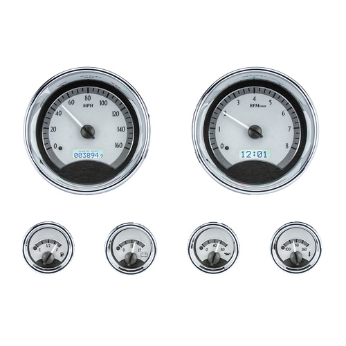 Dakota Digital Gauge, MDX System, 6-Piece Round Universal, Silver Alloy Style Face, White Display, Custom