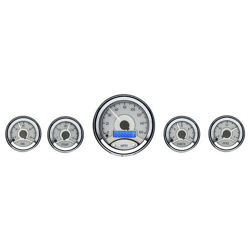 Dakota Digital Gauge, MDX System, 5-Piece Round Universal, Silver Alloy Style Face, Blue Display, Custom