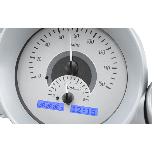 Dakota Digital Gauge, MDX System, 1959-60 Chevy Impala, Silver Alloy Style Face, Blue Display, Custom