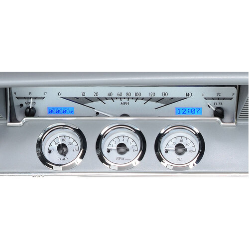 Dakota Digital Gauge, MDX System, 1961-62 Chevy Impala, Silver Alloy Style Face, Blue Display, Custom