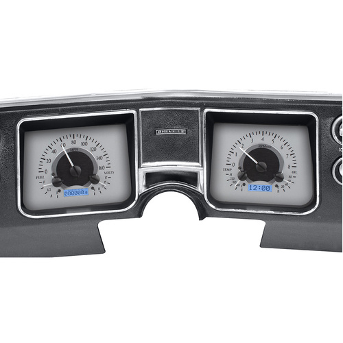 Dakota Digital Gauge, MDX System, 1968 Chevy Chevelle, Silver Alloy Style Face, Blue Display, Custom
