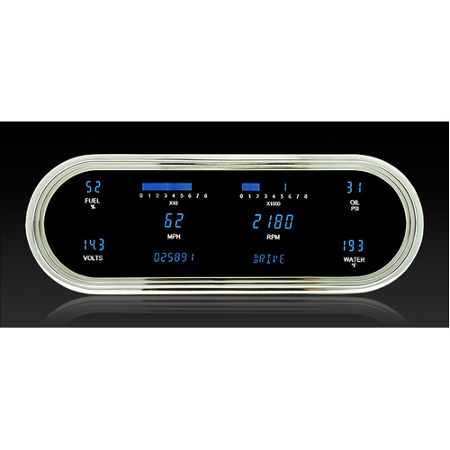 Dakota Digital Gauge Panel, Series III, Blue Display, Chrome Bezels, Universal 4.25 in. x 12 in, Oval, Kit