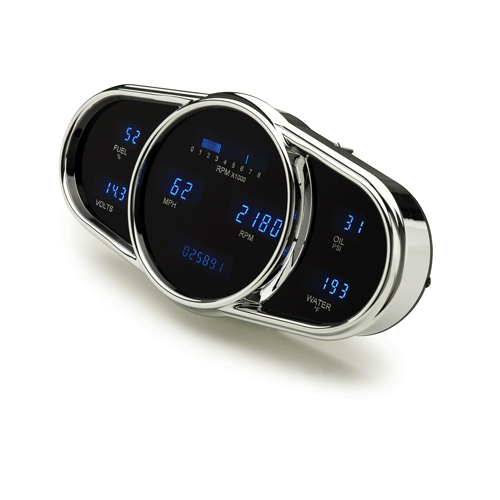Dakota Digital Gauge Panel, Series III, Blue Display, Chrome Bezels, Universal 5 in. x 10 in, Multi-level Elliptical, Kit