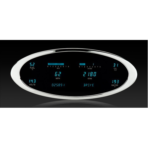 Dakota Digital Gauge Panel, Series III, Teal Display, Satin Bezels, Universal 5 in. x 12.25 in, Multi-level Elliptical, Kit