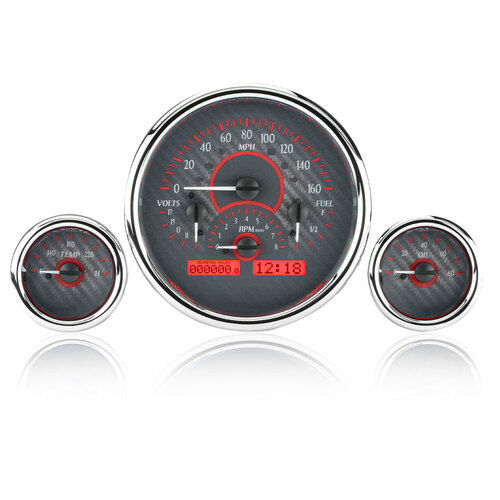 Dakota Digital Gauge Kit, Universal, Triple Round, Analog VHX System, Carbon Fiber Background, Alloy Style Face, Red Display