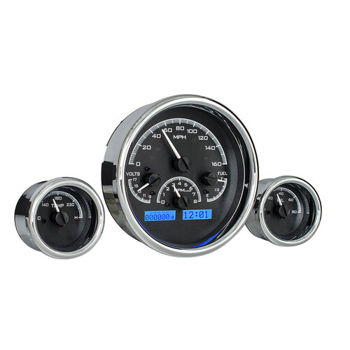 Dakota Digital Gauge Kit, Universal, Triple Round, Analog VHX System, Black Background, Alloy Style Face, Blue Display