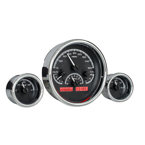Dakota Digital Gauge Kit, Universal, Triple Round, Analog VHX System, Black Background, Alloy Style Face, Red Display