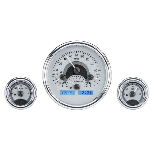 Dakota Digital Gauge Kit, Universal, Triple Round, Analog VHX System, Silver Background, Alloy Style Face, Blue Display