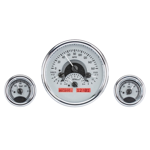 Dakota Digital Gauge Kit, Universal, Triple Round, Analog VHX System, Silver Background, Alloy Style Face, Red Display