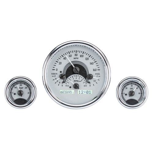 Dakota Digital Gauge Kit, Universal, Triple Round, Analog VHX System, Silver Background, Alloy Style Face, White Display