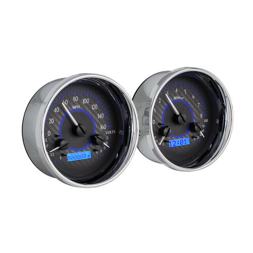 Dakota Digital Gauge Kit, Universal, Dual 5.4 in. Round, Analog VHX System, Carbon Fiber Background, Alloy Style Face, Blue Display