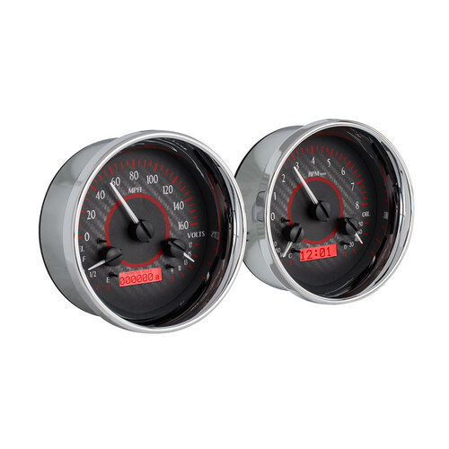 Dakota Digital Gauge Kit, Universal, Dual 5.4 in. Round, Analog VHX System, Carbon Fiber Background, Alloy Style Face, Red Display