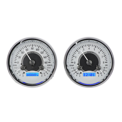 Dakota Digital Gauge Kit, Universal, Dual 5.4 in. Round, Analog VHX System, Silver Background, Alloy Style Face, Blue Display