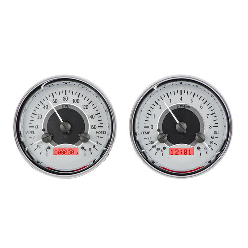 Dakota Digital Gauge Kit, Universal, Dual 5.4 in. Round, Analog VHX System, Silver Background, Alloy Style Face, Red Display