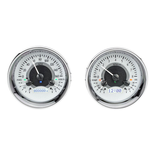 Dakota Digital Gauge Kit, Universal, Dual 5.4 in. Round, Analog VHX System, Silver Background, Alloy Style Face, White Display