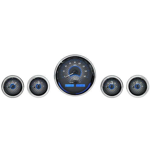 Dakota Digital Gauge Kit, Universal, Five Gauge Round, Analog VHX System, Carbon Fiber Background, Alloy Style Face, Blue Display