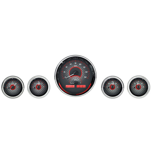 Dakota Digital Gauge Kit, Universal, Five Gauge Round, Analog VHX System, Carbon Fiber Background, Alloy Style Face, Red Display