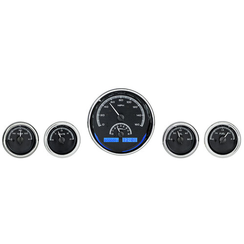 Dakota Digital Gauge Kit, Universal, Five Gauge Round, Analog VHX System, Black Background, Alloy Style Face, Blue Display
