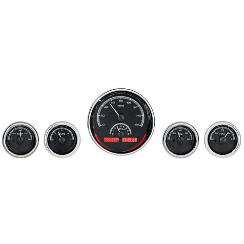 Dakota Digital Gauge Kit, Universal, Five Gauge Round, Analog VHX System, Black Background, Alloy Style Face, Red Display