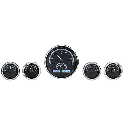 Dakota Digital Gauge Kit, Universal, Five Gauge Round, Analog VHX System, Black Background, Alloy Style Face, White Display