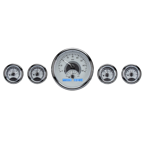 Dakota Digital Gauge Kit, Universal, Five Gauge Round, Analog VHX System, Silver Background, Alloy Style Face, Blue Display