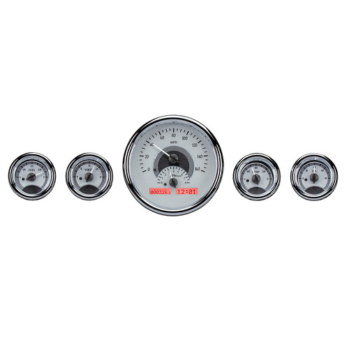 Dakota Digital Gauge Kit, Universal, Five Gauge Round, Analog VHX System, Silver Background, Alloy Style Face, Red Display