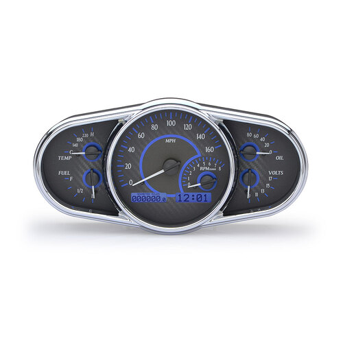 Dakota Digital Gauge Kit, Universal, 5 in. x 10 in, Multi-level Elliptical, Analog, Carbon Fiber Background, Alloy Style Face, Blue Display