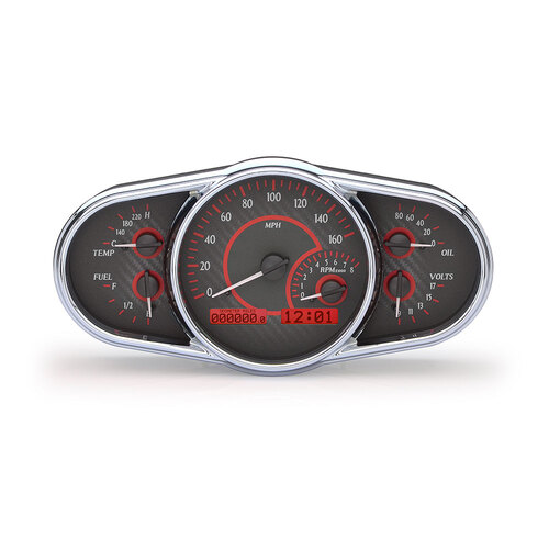 Dakota Digital Gauge Kit, Universal, 5 in. x 10 in, Multi-level Elliptical, Analog, Carbon Fiber Background, Alloy Style Face, Red Display