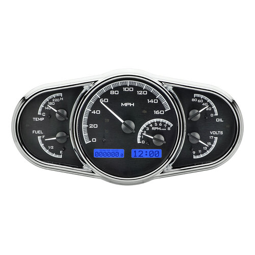 Dakota Digital Gauge Kit, Universal, 5 in. x 10 in, Multi-level Elliptical, Analog, Black Background, Alloy Style Face, Blue Display