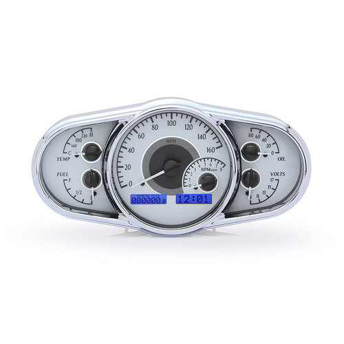 Dakota Digital Gauge Kit, Universal, 5 in. x 10 in, Multi-level Elliptical, Analog, Silver Background, Alloy Style Face, Blue Display