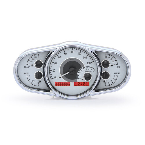 Dakota Digital Gauge Kit, Universal, 5 in. x 10 in, Multi-level Elliptical, Analog, Silver Background, Alloy Style Face, Red Display