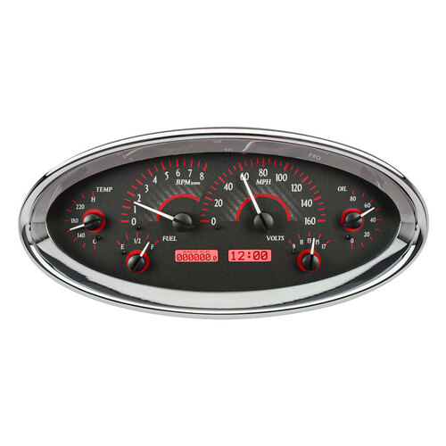 Dakota Digital Gauge Kit, Universal, 5.7 in. X 12.05 in, Elliptical, Analog, Carbon Fiber Background, Alloy Style Face, Red Display