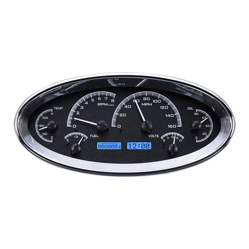 Dakota Digital Gauge Kit, Universal, 5.7 in. X 12.05 in, Elliptical, Analog, Black Background, Alloy Style Face, Blue Display