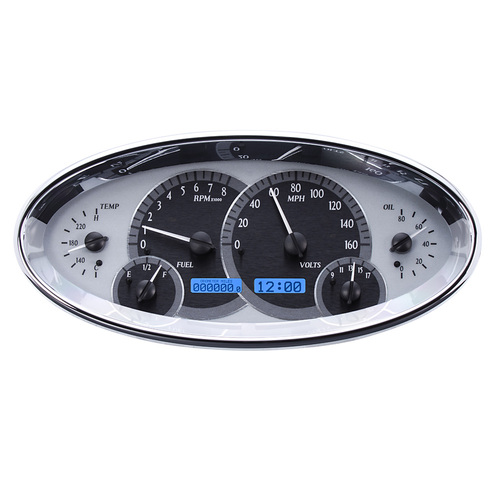 Dakota Digital Gauge Kit, Universal, 5.7 in. X 12.05 in, Elliptical, Analog, Silver Background, Alloy Style Face, Blue Display