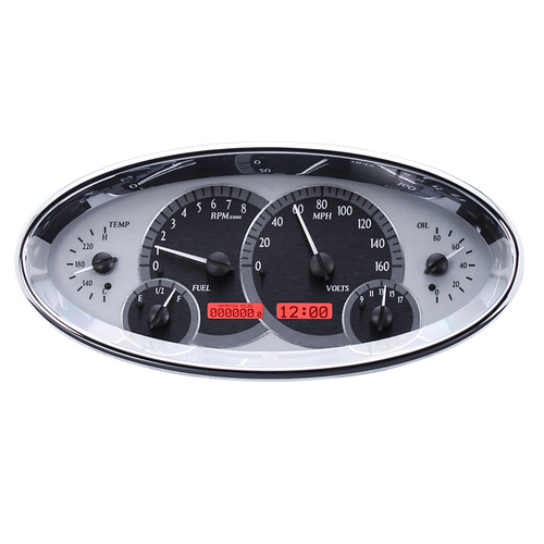 Dakota Digital Gauge Kit, Universal, 5.7 in. X 12.05 in, Elliptical, Analog, Silver Background, Alloy Style Face, Red Display