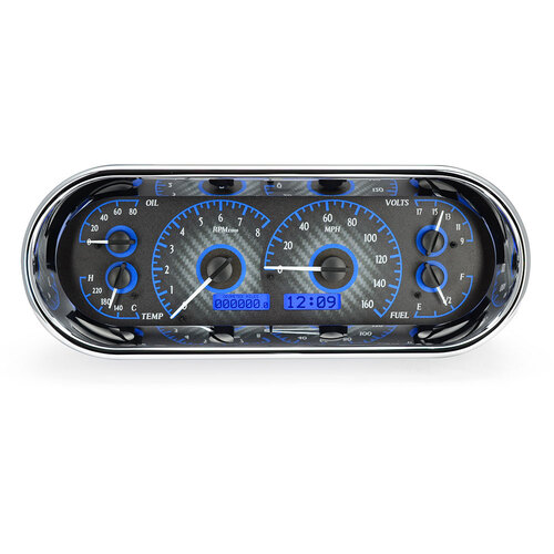 Dakota Digital Gauge Kit, Universal, 4.4 in. x 11.4 in, Rounded Rectangle, Analog, Carbon Fiber Background, Alloy Style Face, Blue Display
