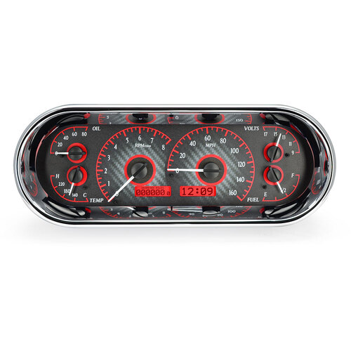 Dakota Digital Gauge Kit, Universal, 4.4 in. x 11.4 in, Rounded Rectangle, Analog, Carbon Fiber Background, Alloy Style Face, Red Display