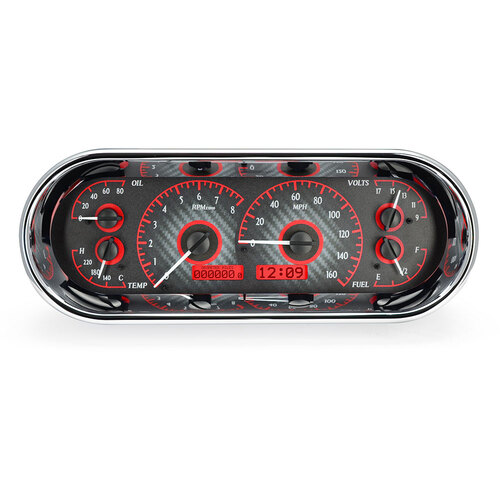 Dakota Digital Gauge Kit, Universal, 4.4 in. x 11.4 in., Rounded Rectangle, Analog, Carbon Fiber Background, Alloy Style Face, Red Display