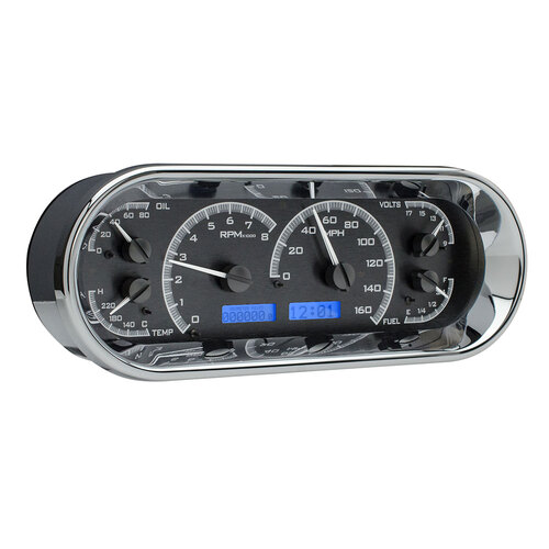 Dakota Digital Gauge Kit, Universal, 4.4 in. x 11.4 in, Rounded Rectangle, Analog, Black Background, Alloy Style Face, Blue Display