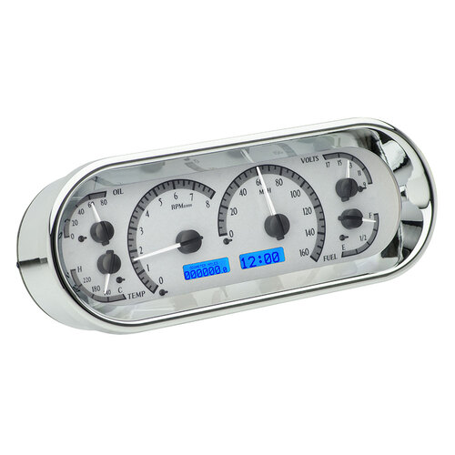 Dakota Digital Gauge Kit, Universal, 4.4 in. x 11.4 in, Rounded Rectangle, Analog, Silver Background, Alloy Style Face, Blue Display