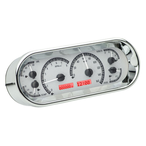 Dakota Digital Gauge Kit, Universal, 4.4 in. x 11.4 in, Rounded Rectangle, Analog, Silver Background, Alloy Style Face, Red Display