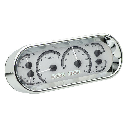 Dakota Digital Gauge Kit, Universal, 4.4 in. x 11.4 in, Rounded Rectangle, Analog, Silver Background, Alloy Style Face, White Display