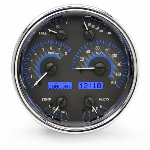 Dakota Digital Gauge Kit, Universal, Single, 7 in, Round, Analog, Carbon Fiber Background, Alloy Style Face, Blue Display